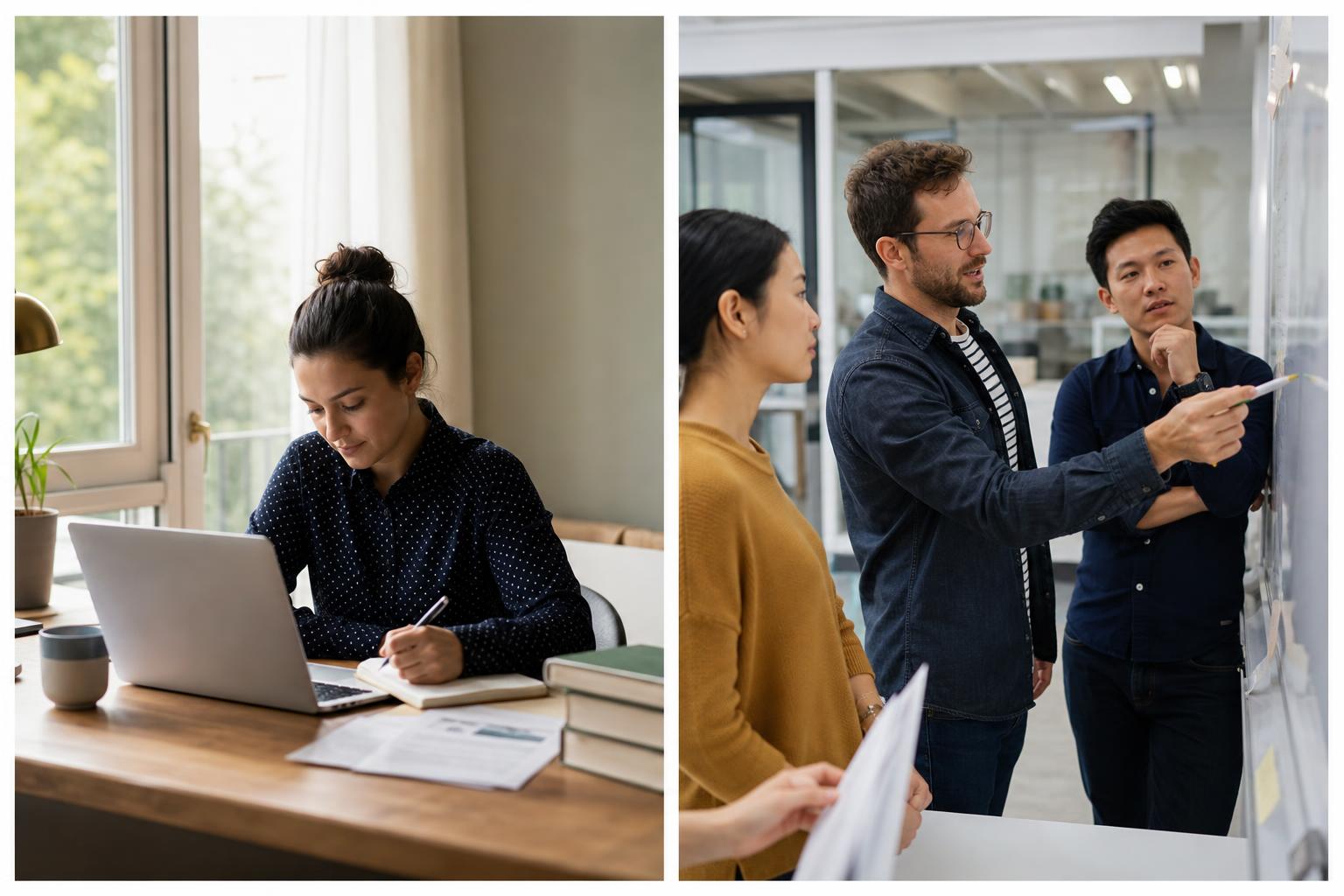 Two photographs side by side: a woman working alone at a home desk, and three colleagues collaborating around a whiteboard.