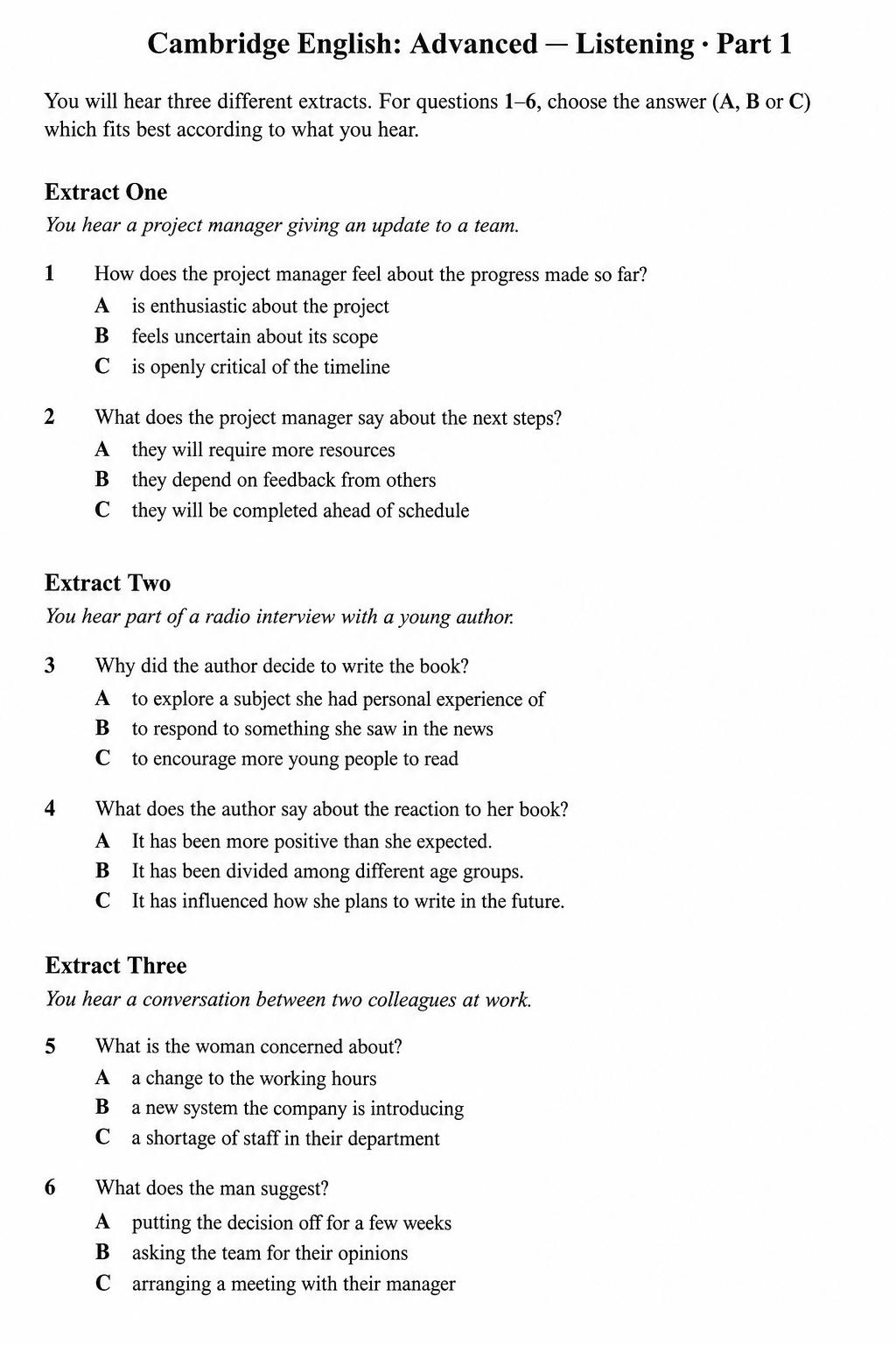 Mock Cambridge C1 Advanced Listening Part 1 paper showing three extracts with two multiple-choice questions each.