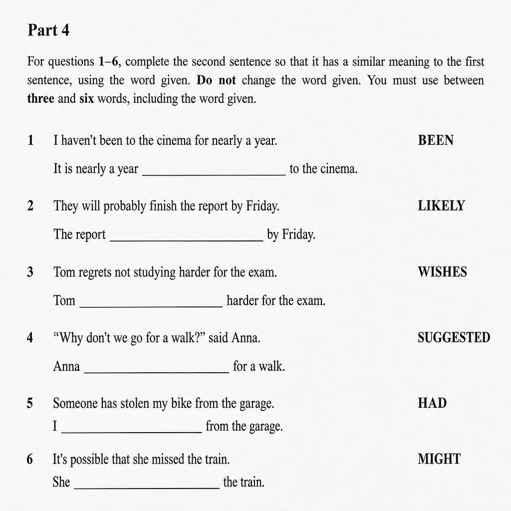 Mock Cambridge C1 Advanced Reading & Use of English Part 4 page showing six key-word transformation items.