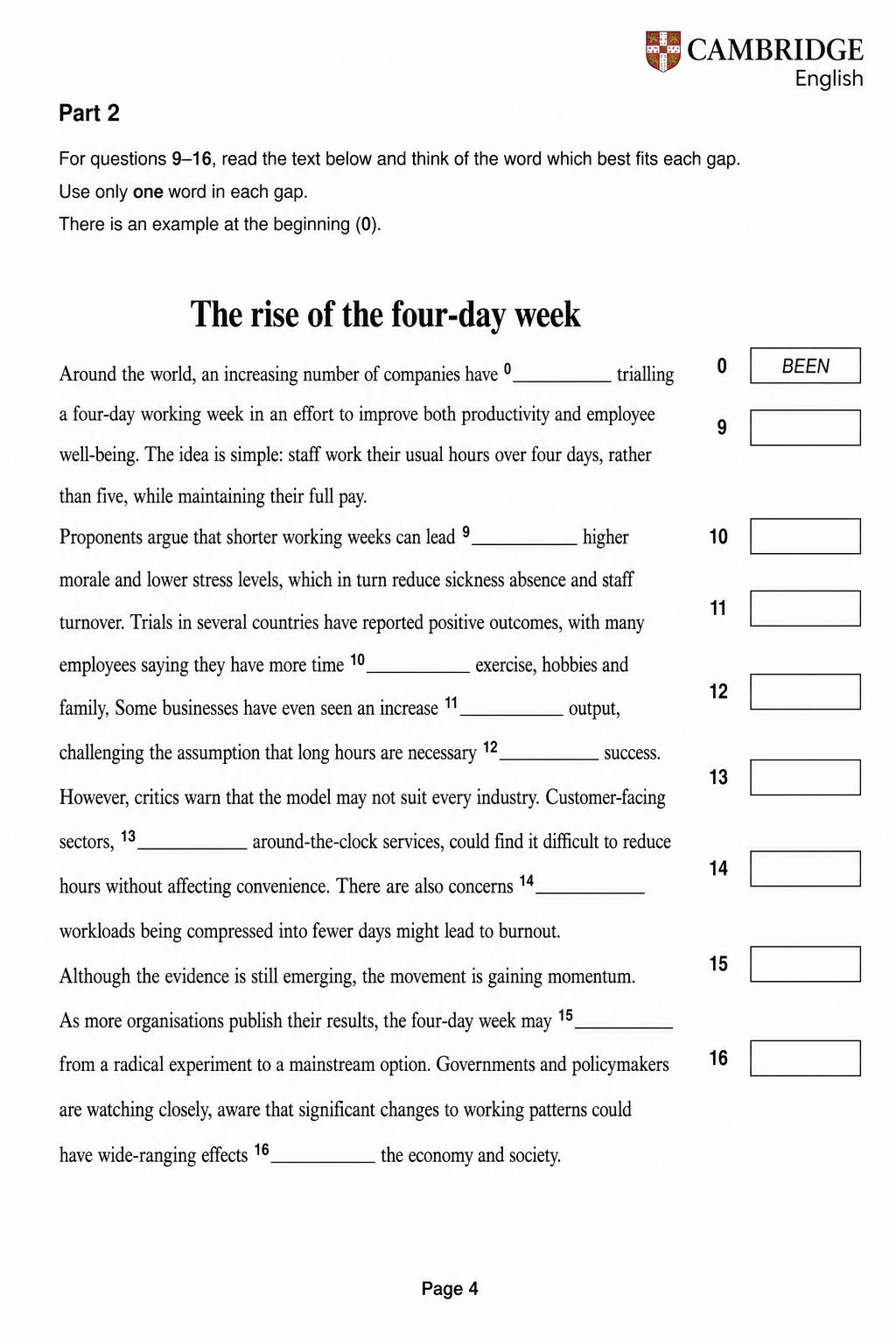 Mock Cambridge C1 Advanced Reading & Use of English Part 2 page on the rise of the four-day week, showing example 0 BEEN and eight numbered gaps 9–16.