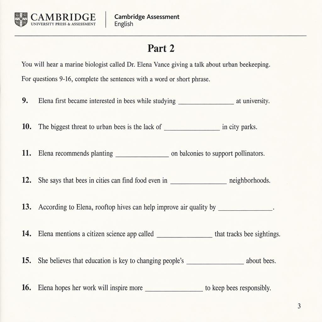 Mock Cambridge C1 Advanced Listening Part 2 page on urban beekeeping, showing eight numbered sentence-completion gaps from 9 to 16.