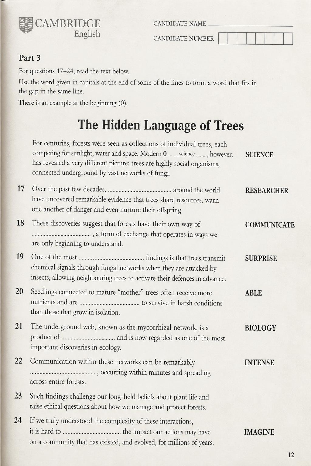 Mock Cambridge C1 Advanced Reading and Use of English Part 3 page on 'The Hidden Language of Trees', showing eight numbered word-formation gaps with capitalised root words.