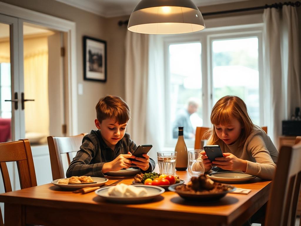 An older person being helped to use a tablet by a younger family member at a kitchen table.